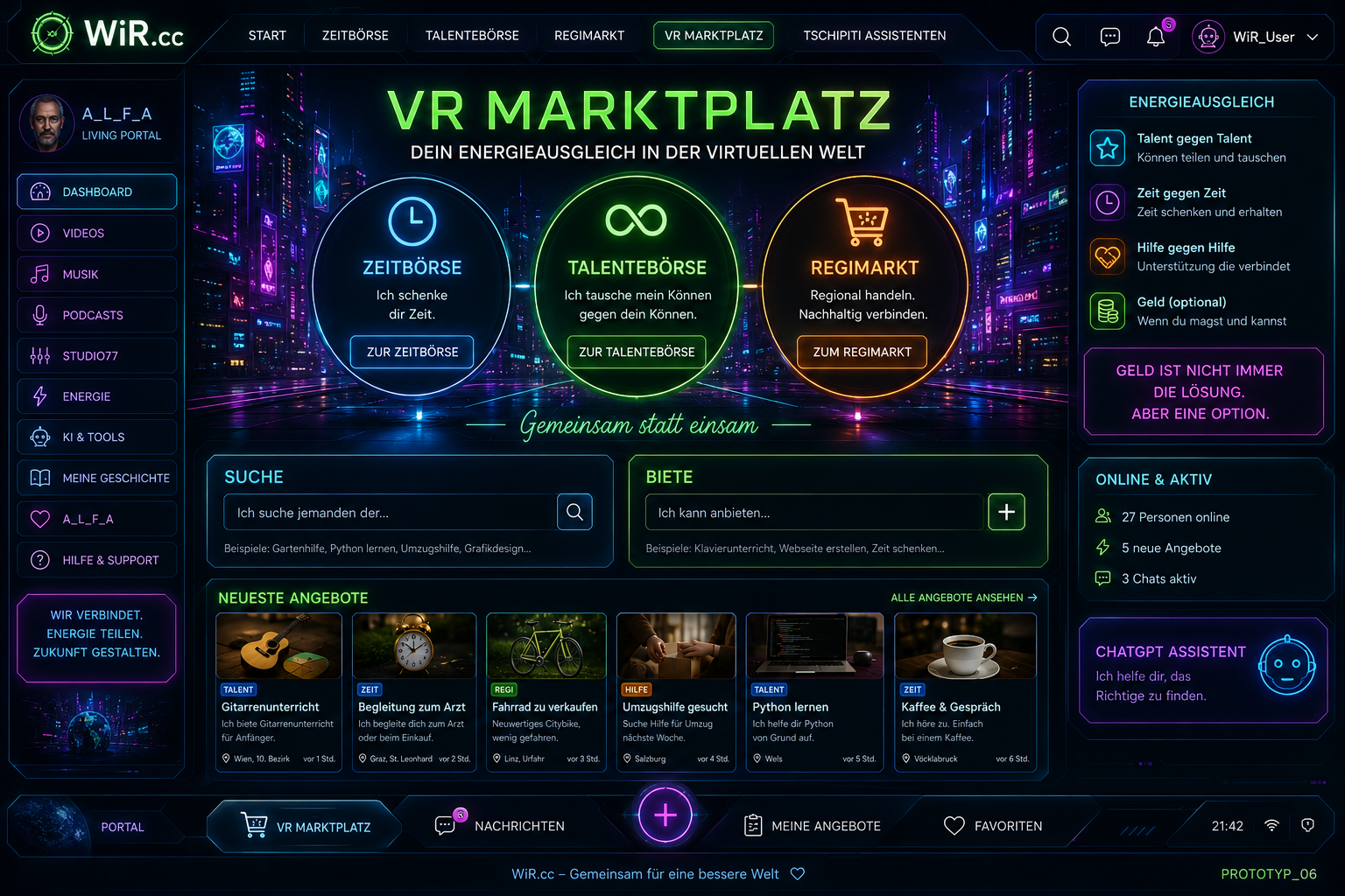 WiR.cc Cyberpunk Marktplatz mit Zeitbörse, Talentebörse und RegiMarkt